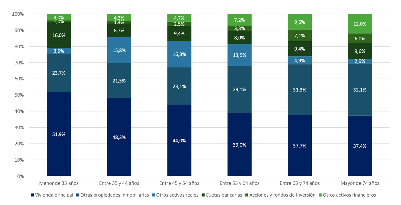 Gráfico 12: Composición de la riqueza bruta por tipo de activo y edad